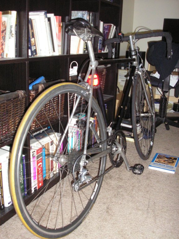 Completed bicycle, from the back
